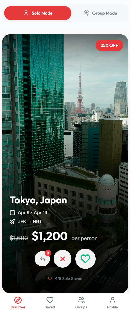 flyng app Discover page showing a Tokyo flight deal with price and destination details